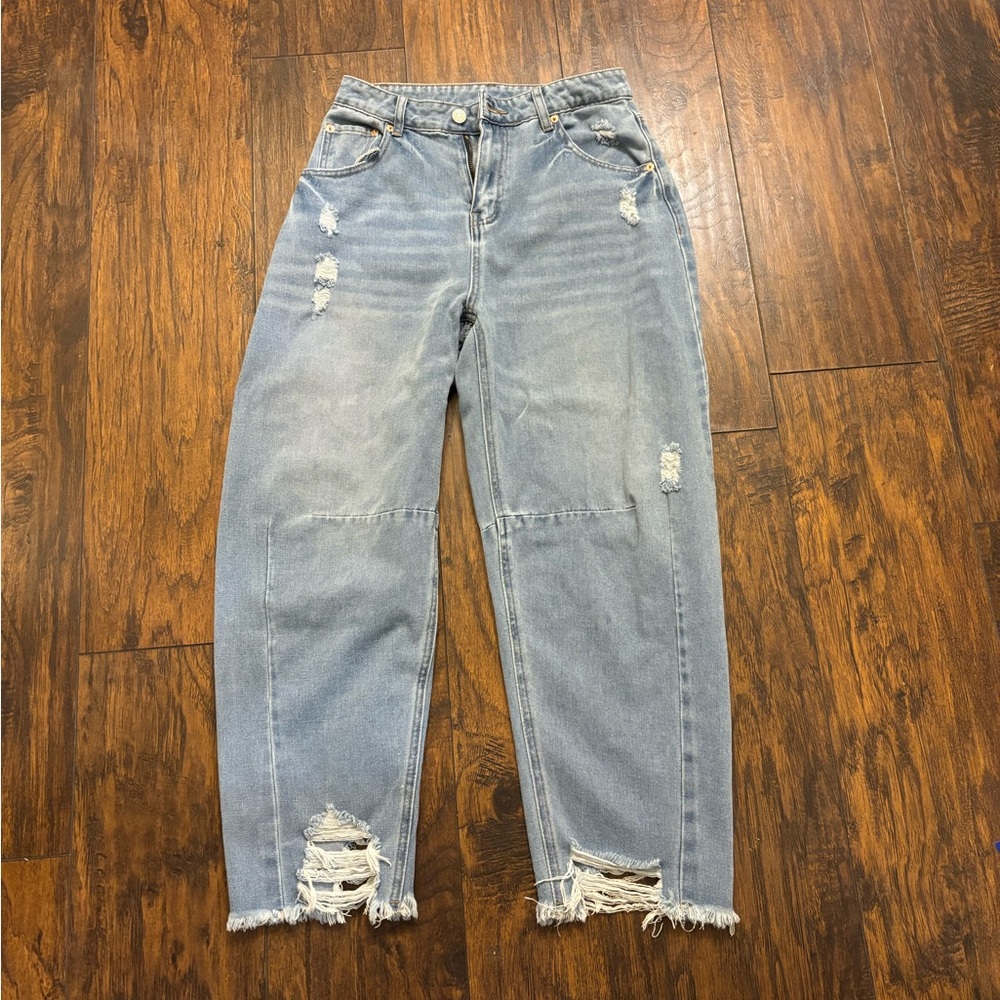 Light Blue Distressed Women's Jeans - barrel leg